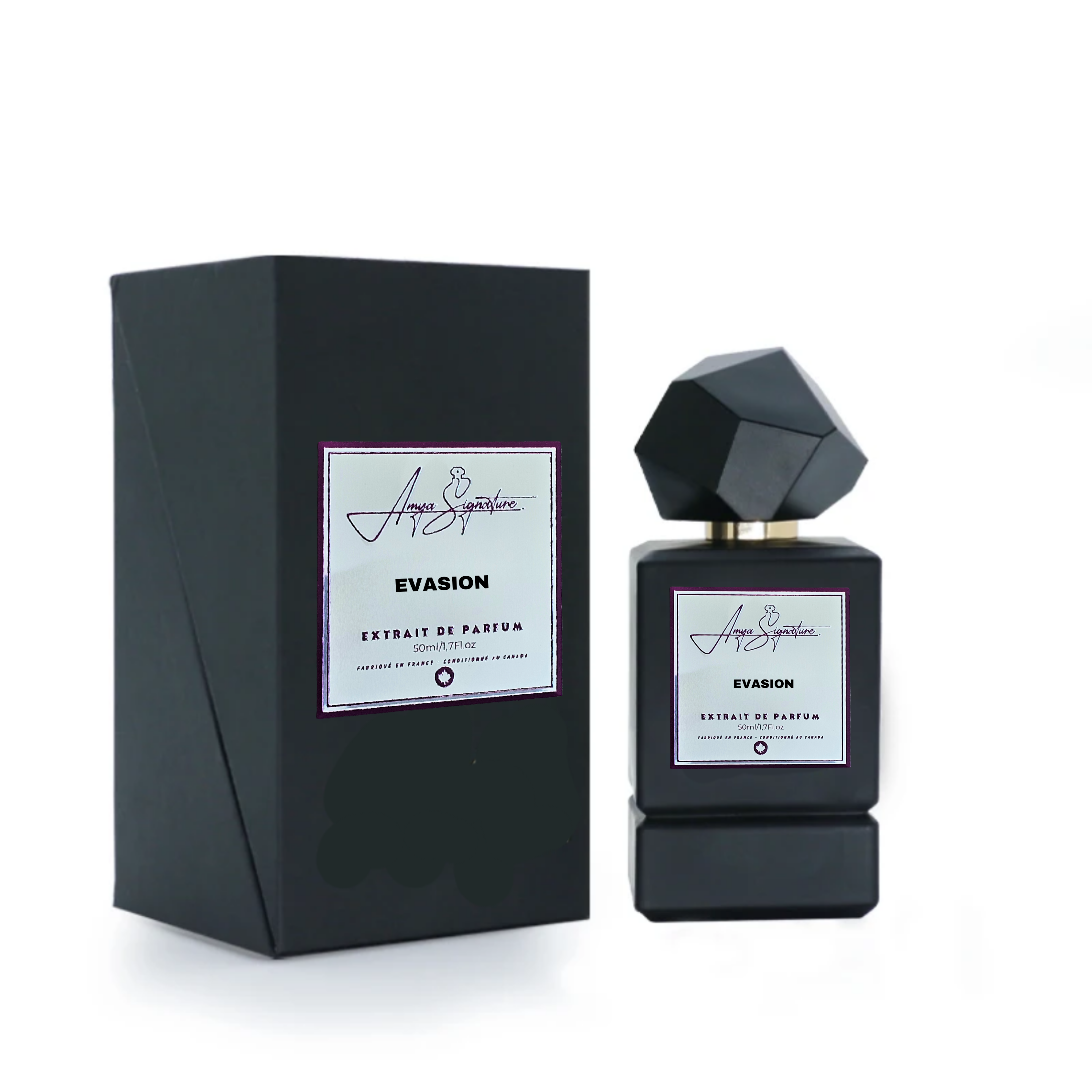 Evasion perfume bottle in its box – warm woody scent inspired by Santal 33 with musk, sandalwood, and amber